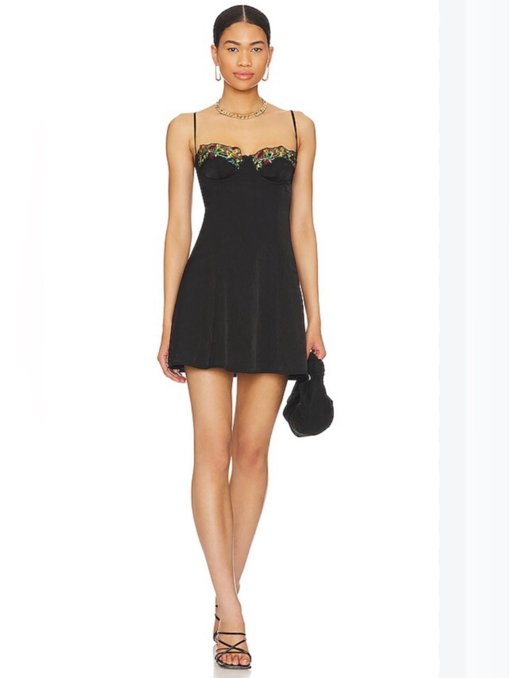 Black Mini Dress with Floral Embroidered Bust - Women Dress